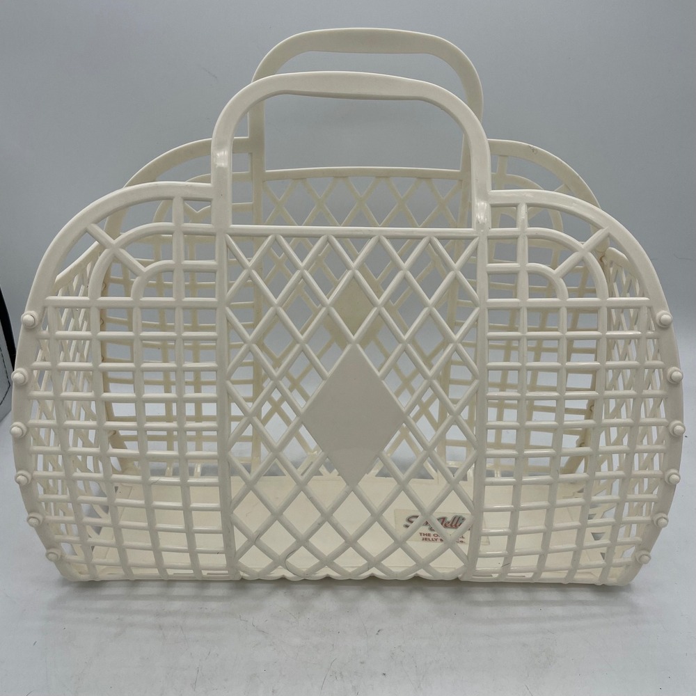 Sun Jellies Retro Basket Bag Cream White Lattice Jelly Tote Made in Thailand EUC